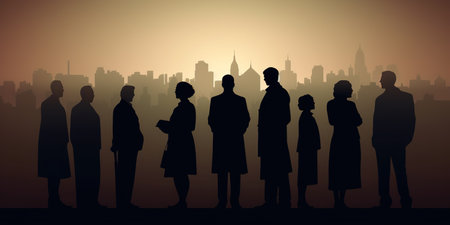 Silhouette of businesspeople with skyline as background. Financial and business world concept. Generative AIの素材