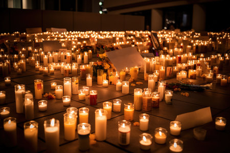 Candles in the night on the floor for remembering and honoring victims of tragedy. Generative AIの素材