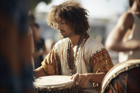 Hippie man playing drums. Generative AIの素材