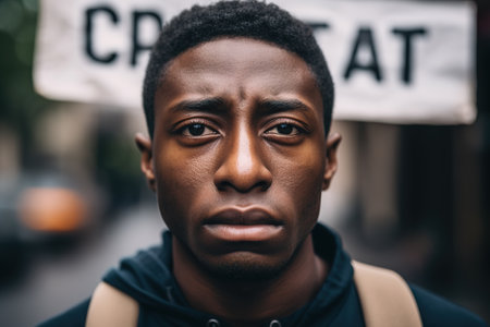 Worried and sad African American man portrait during protest in the streets. Generative AIの素材