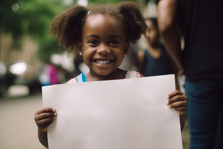 African American little girl holding blank sign with copy space. Generative AIの素材