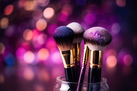Close up crop image of make up brushes over pink and purple bokeh background with copy space. Generative AIの素材