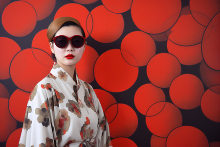Abstract colorful red background with Japanese woman wearing kimono and stylish sunglasses. Generative AIの素材