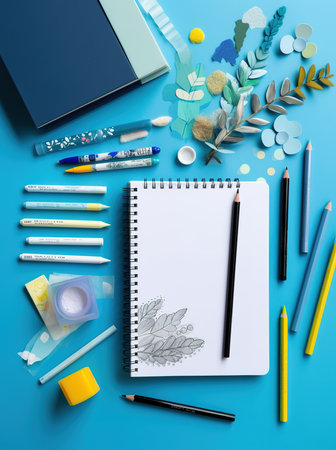 Blue layout background with stationery products, notebook, pencils and tape. Generative AI vertical shotの素材