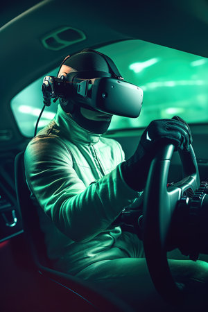 Virtual reality test for racing cars. Neon light as background. Generative AI vertical shotの素材