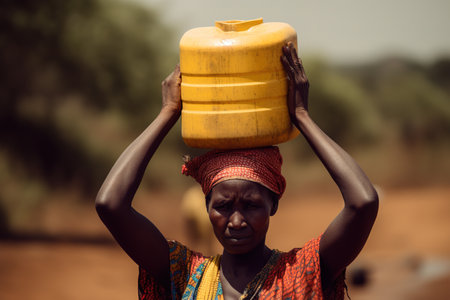 African mature woman holding water container on her head. Generative AIの素材
