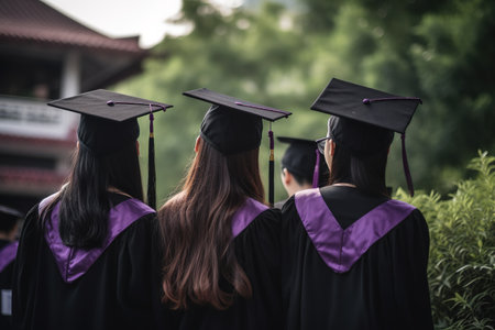 Back view of graduate girl dressed in purple graduation cap and gown. Outdoor background. Generative AIの素材