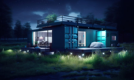 Modern container recycled house in farm. Generative AIの素材