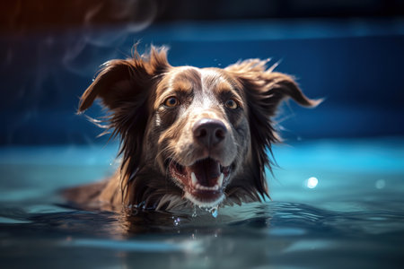 Cute happy dog swimming in outdoors pool. Generative AIの素材