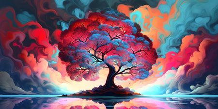 Psychedelic tree with cloudy colorful sky as background. Generative AI illustrationの素材