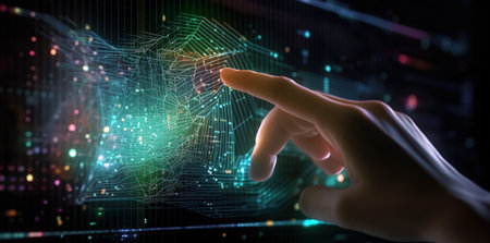 Hand pointing at display hologram. Data matrix, AI technologies. Generative AIの素材