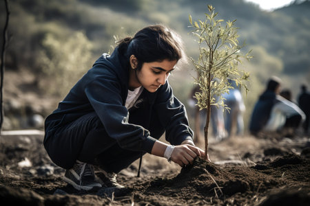 Indian teenager planting tree in the forest. Environmental awareness in the new generations. Generative AIの素材