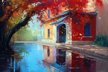 Oil painting of colorful autumn landscape in European old street. Generative AIの素材