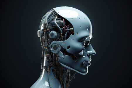 Humanoid robot side view over dark background. AI and new technologies concept. Generative AIの素材