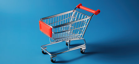 Tiny shopping cart empty over blue background. Generative AIの素材