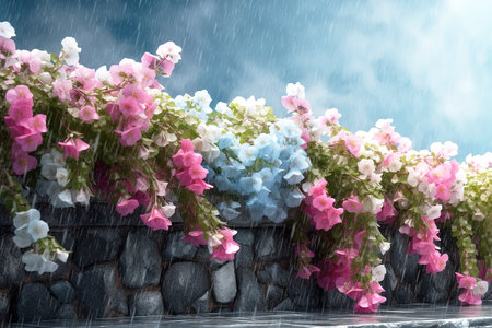 Oil painting of colorful flower bushes under the rain. Generative AI illustrationの素材
