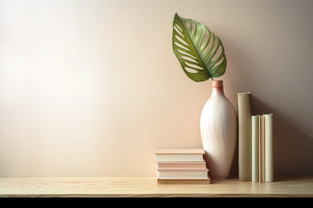Elegant vase with tropical vase with books over pastel color background with copy space. Generative AIの素材