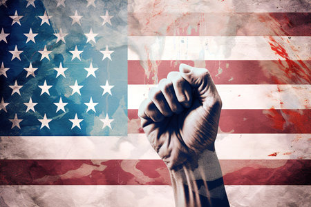 Fist rising up with flag of United States as background. 4th of July concept. Generative AIの素材