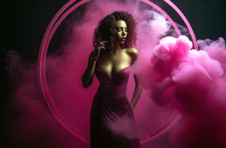 Attractive woman wearing magenta dress over pink smoke. Generative AIの素材