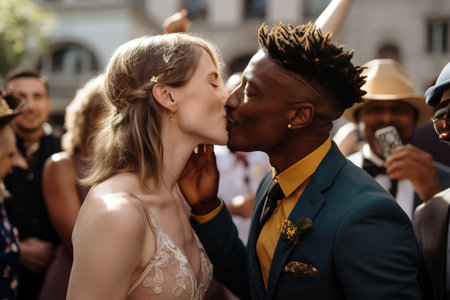 Romantic kiss during multiracial wedding between a blond Caucasian woman and African American man. Generative AIの素材