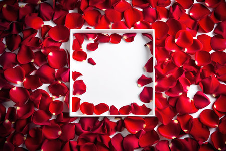 Red petals background with white frame in the middle for copy space. Generative AIの素材