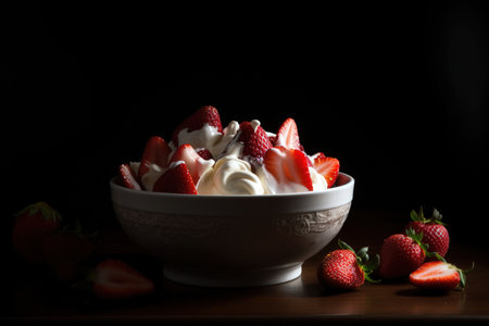 Delicious bowl of fresh strawberry with whipped cream over dark background. Generative AIの素材
