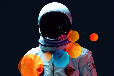 Astronaut abstract illustration with colorful circles over dark background. Generative AIの素材