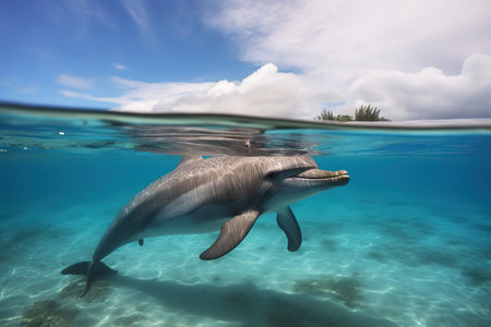 Cute dolphin swimming under the blue ocean water. Generative AIの素材