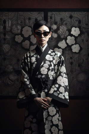 Modern Geisha wearing dark kimono and wearing stylish sunglasses looking serious to the camera. Generative AI illustrationの素材