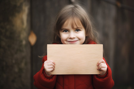 Cute little Caucasian girl smiling and holding cardboard sign in blank for copy space. Generative AIの素材