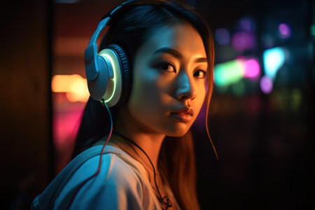 Young Asian girl with headphones over dark room. Gaming concept. Generative AIの素材