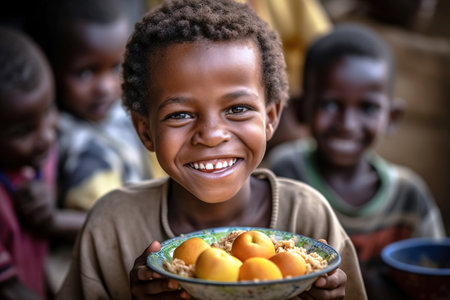 African child smiling and holding a plate full of food. Generative AIの素材
