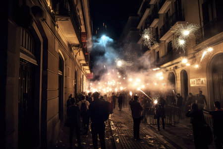 People celebrating new year in the streets of European town at night with fireworks. Generative AIの素材