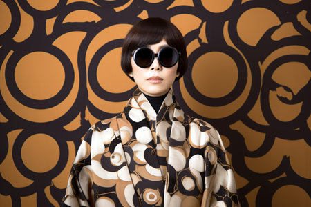 Japanese woman wearing modern abstract kimono and stylish sunglasses over abstract background with circles in brown color. Generative AIの素材