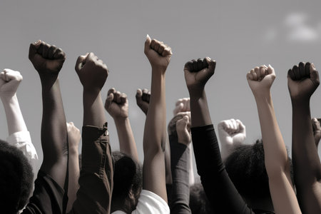 Hand fists of multiethnic people rising up to the sky. Unrecognizable people. Generative AIの素材