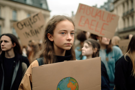 Girl holding sign during protest against climate change. Environmental conservations and global warming concept. Generative AIの素材