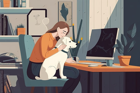 Flat design illustration of woman petting her dog while working in his office at home. Generative AIの素材
