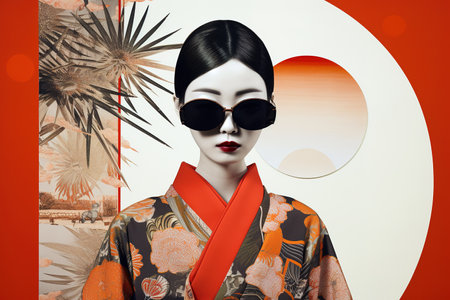 Abstract background illustration of modern stylish Japanese woman wearing kimono and modern sunglasses. Generative AIの素材