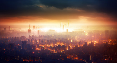 City landscape full of pollution in the air at dusk. Environmental conservation and climate change concept. Generative AIの素材