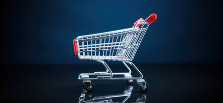 Empty shopping cart over dark background. Copy space for offers, promotions, sale concept. Generative AIの素材