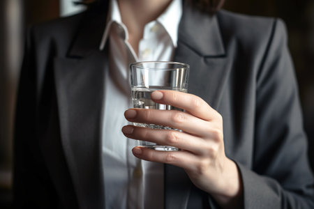 Businesswoman close up caption holding a glass of water. Generative AIの素材