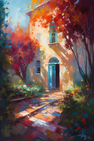 Oil painting digital colorful illustration of Traditional European house during autumn season. Generative AI vertical illustrationの素材
