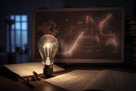 Light bulb on on a business office next to charts and graphs with copy space for text. Generative AIの素材