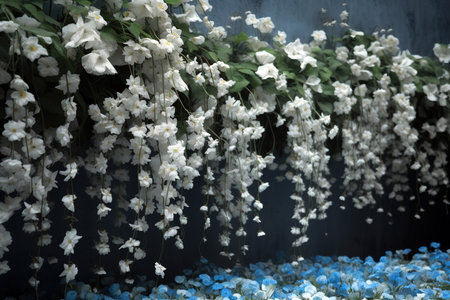 Wall with beautiful white flower bushes. Creative AI illustration bannerの素材