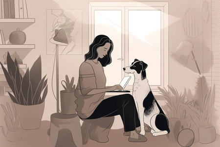 Minimalist illustration of woman working at home with her dog next to her. Generative AIの素材