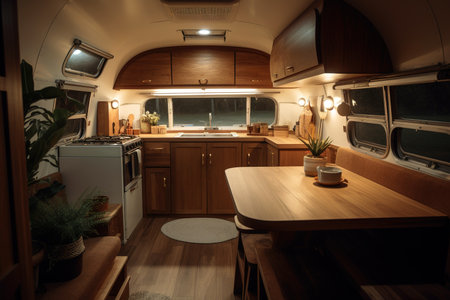 Cute interior living area of VR caravan. Van life concept. Generative AIの素材