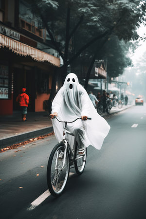 Person with ghost custom riding bike in the city. Halloween concept. Generative AI vertical shotの素材