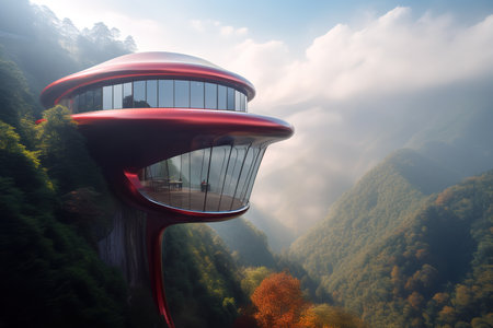 Amazing modern construction for tourist at top of mountain with amazing panoramic view of mountains. Generative AIの素材