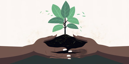 Flat design illustration of two hands holding small tree for planting on fertile soil. Environmental conservation concept. Generative AIの素材
