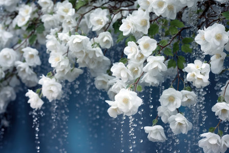 Raindrops falling over flowers. Close up background shot. Generative AIの素材